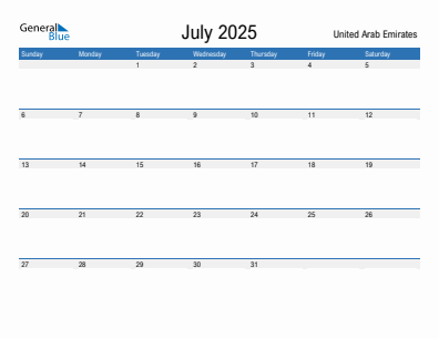 Current month calendar with United Arab Emirates holidays for July 2025