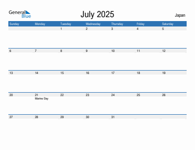 Current month calendar with Japan holidays for July 2025