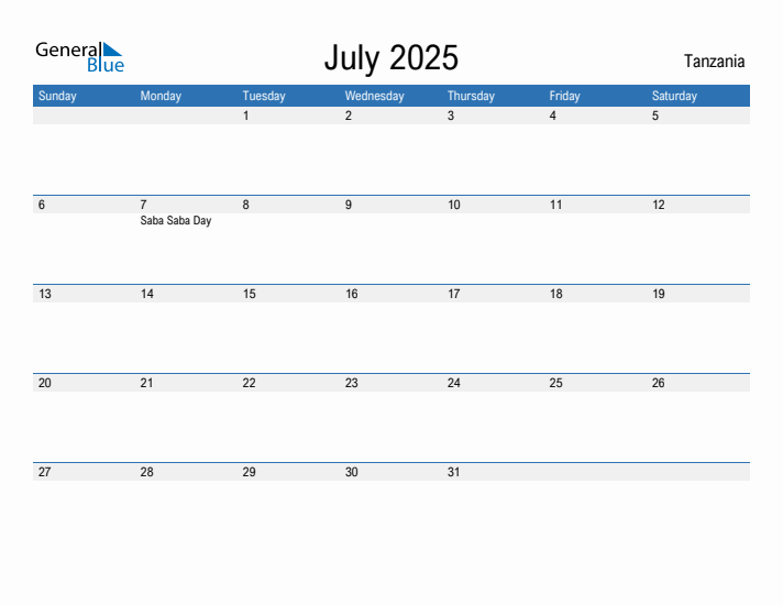 Fillable July 2025 Calendar