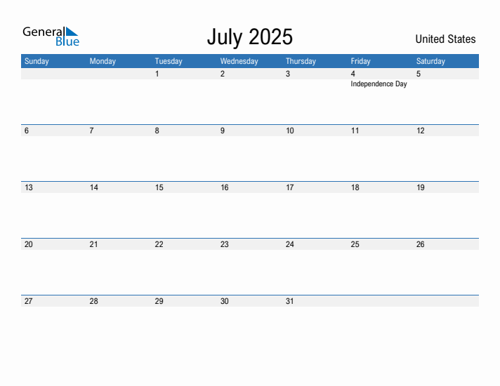 Fillable July 2025 Calendar