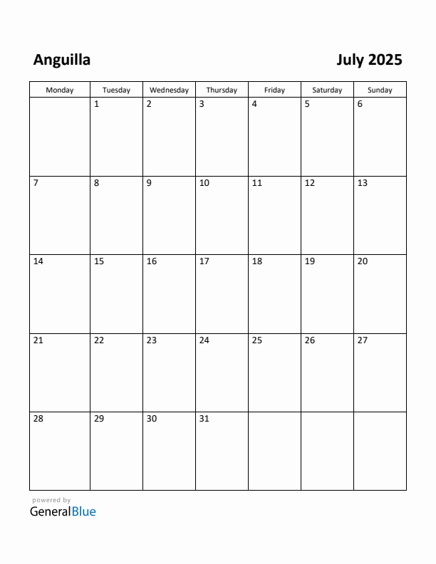 July 2025 Calendar with Anguilla Holidays