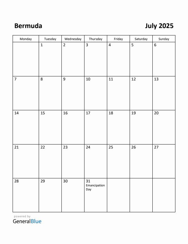 July 2025 Calendar with Bermuda Holidays