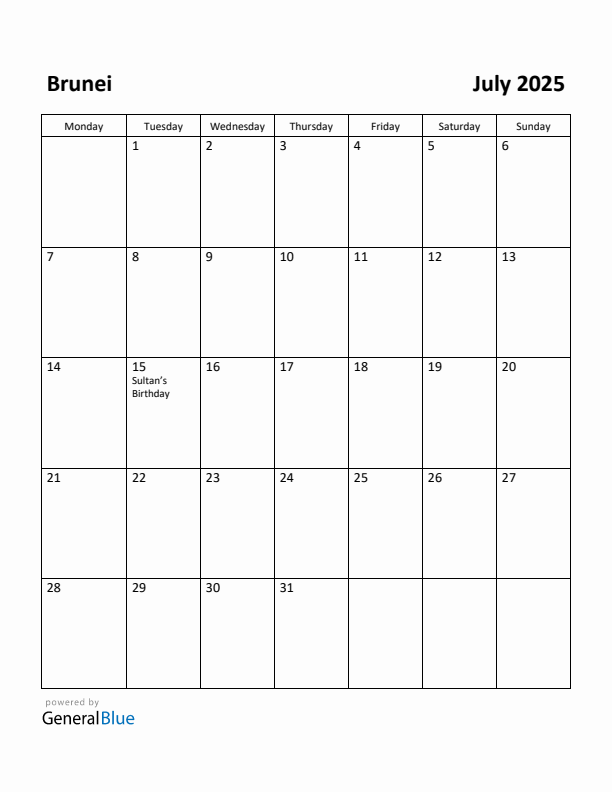 July 2025 Calendar with Brunei Holidays