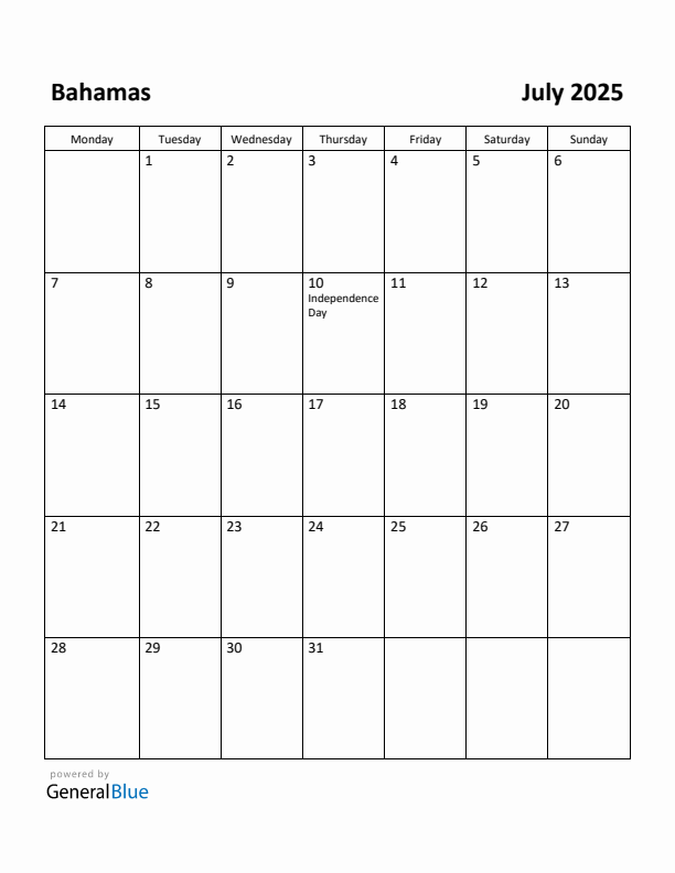 July 2025 Calendar with Bahamas Holidays