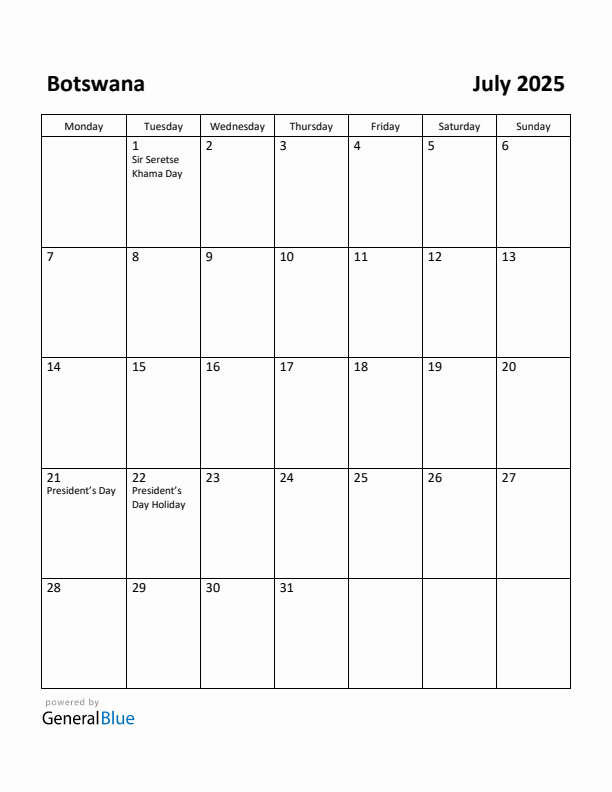 July 2025 Calendar with Botswana Holidays