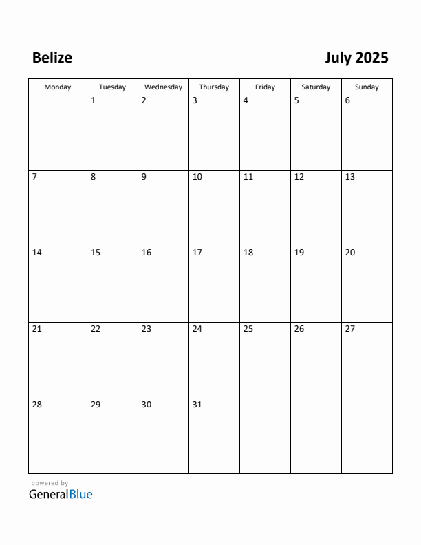 July 2025 Calendar with Belize Holidays