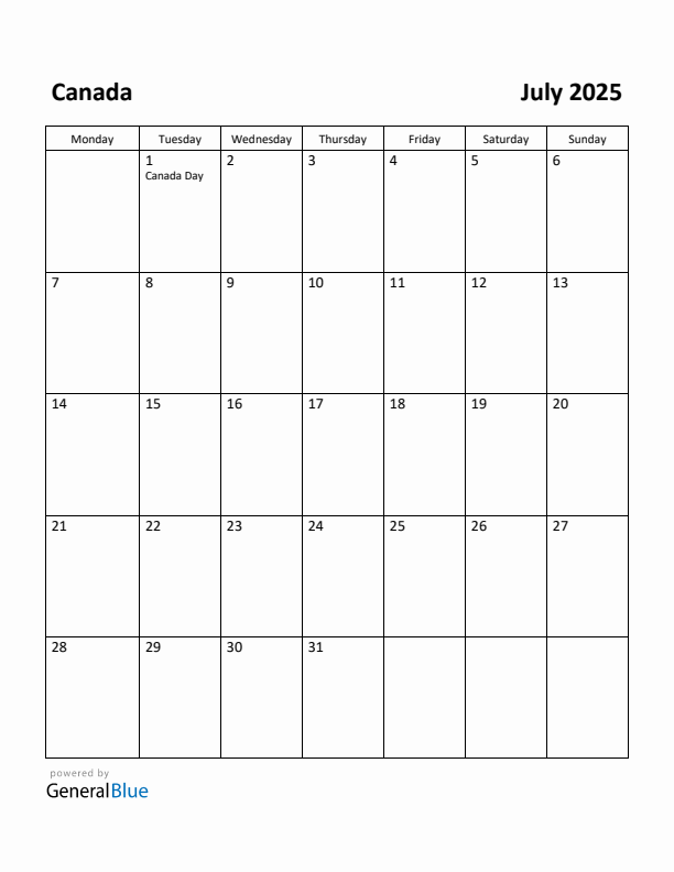 July 2025 Calendar with Canada Holidays