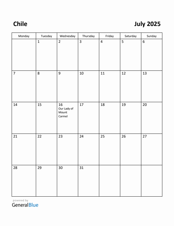 July 2025 Calendar with Chile Holidays