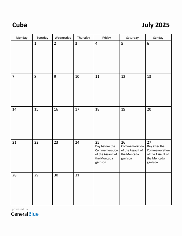 July 2025 Calendar with Cuba Holidays