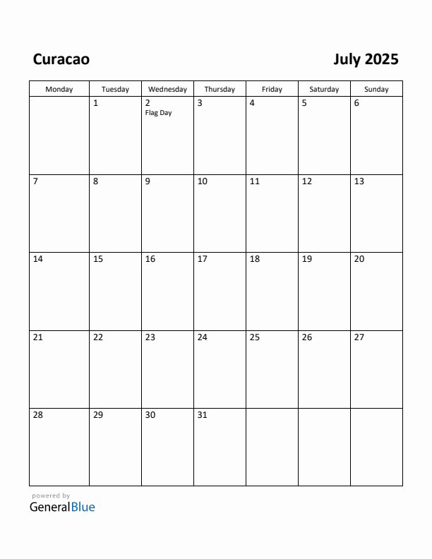 July 2025 Calendar with Curacao Holidays