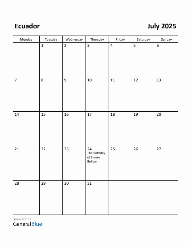 July 2025 Calendar with Ecuador Holidays