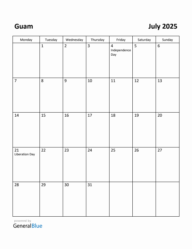 July 2025 Calendar with Guam Holidays