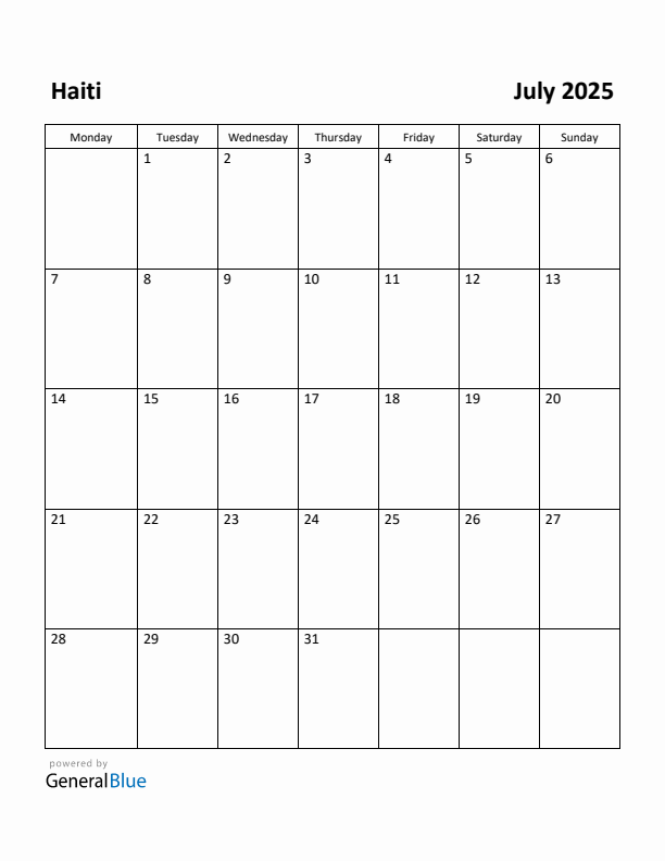 July 2025 Calendar with Haiti Holidays