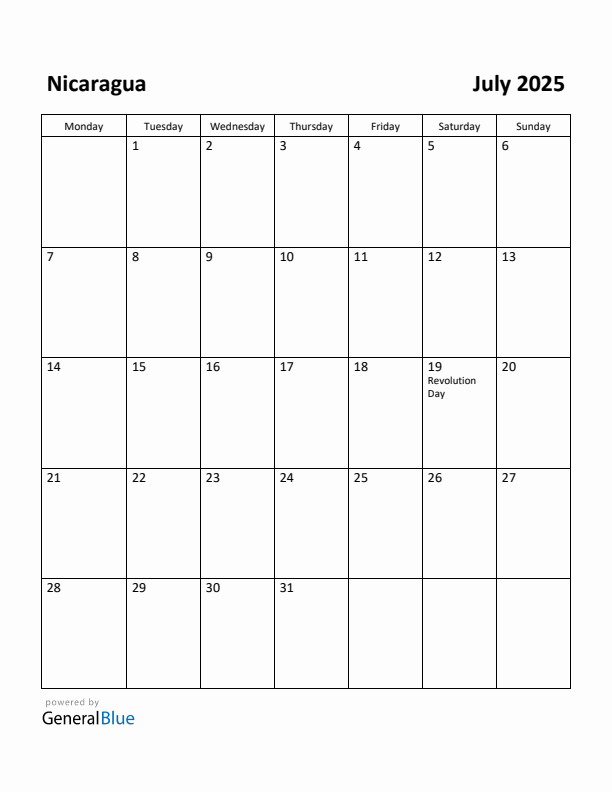 July 2025 Calendar with Nicaragua Holidays