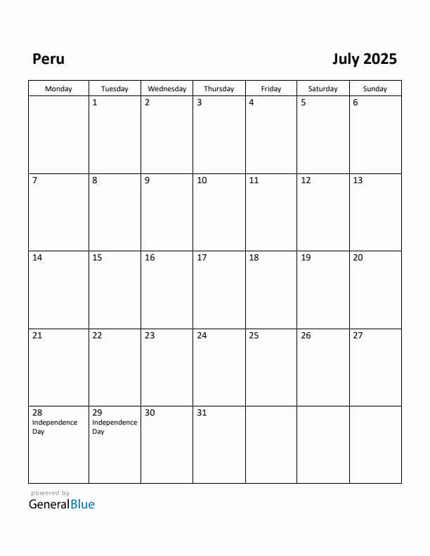 July 2025 Calendar with Peru Holidays