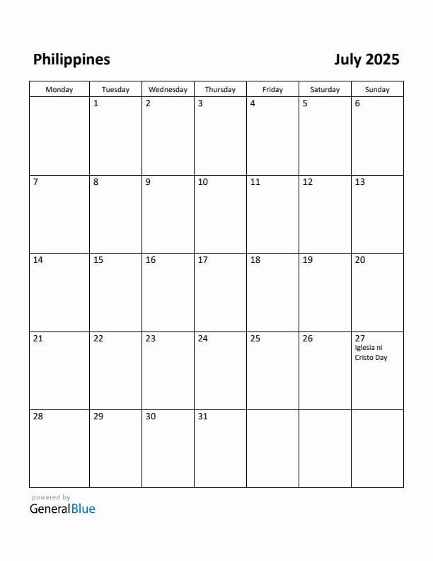 July 2025 Calendar with Philippines Holidays