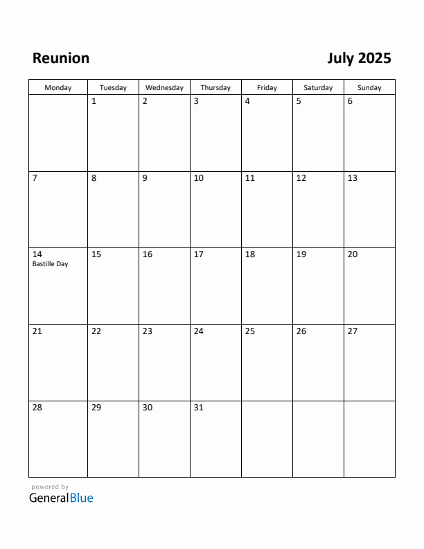 July 2025 Calendar with Reunion Holidays