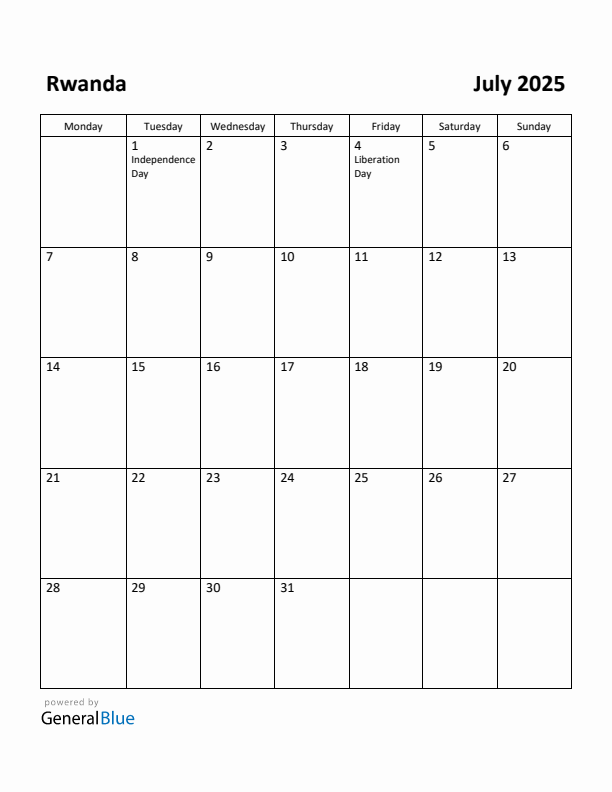 July 2025 Calendar with Rwanda Holidays