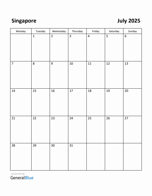 July 2025 Calendar with Singapore Holidays