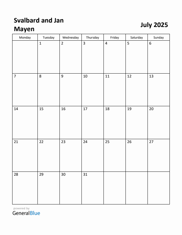 July 2025 Calendar with Svalbard and Jan Mayen Holidays