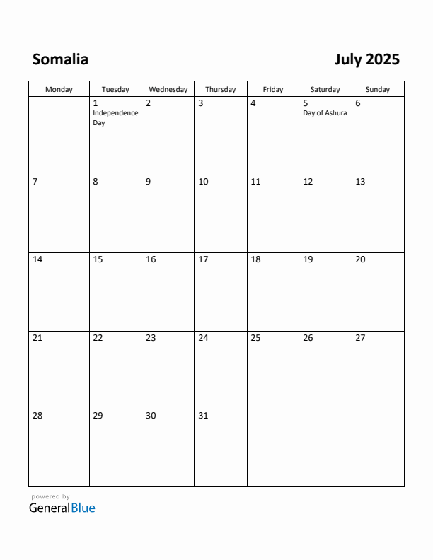 July 2025 Calendar with Somalia Holidays