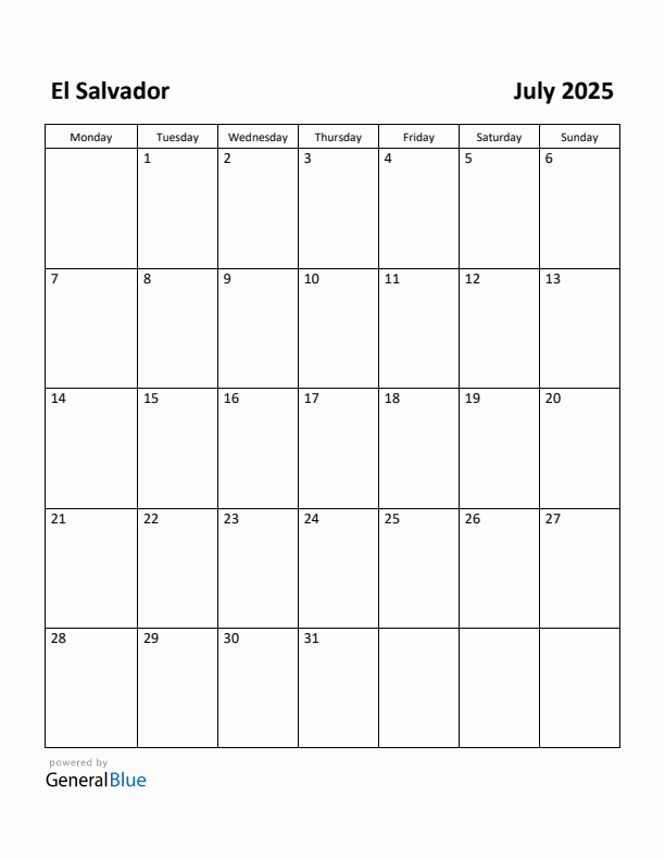 July 2025 Calendar with El Salvador Holidays