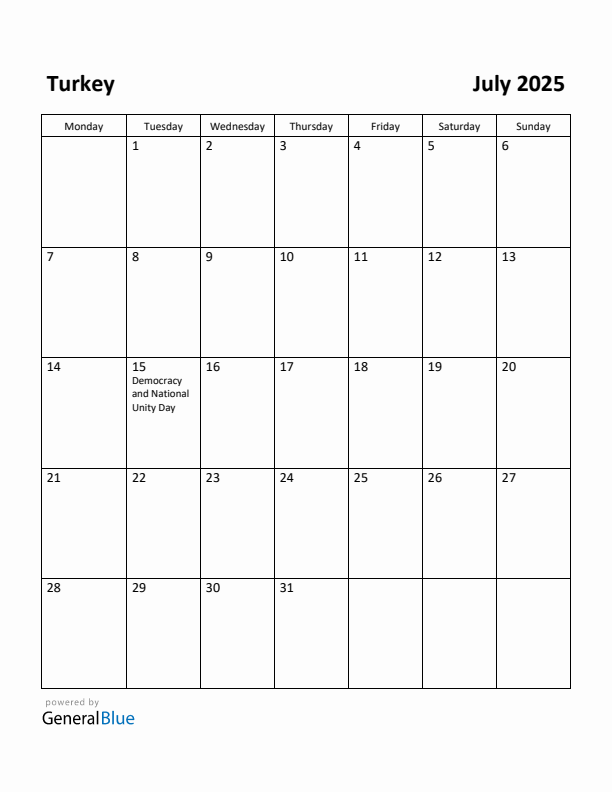 July 2025 Calendar with Turkey Holidays