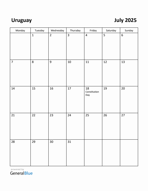 July 2025 Calendar with Uruguay Holidays