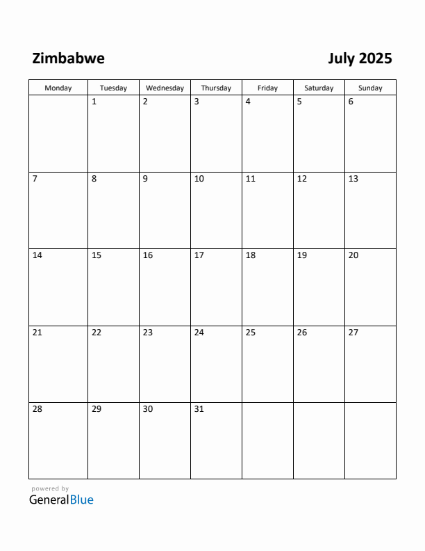 July 2025 Calendar with Zimbabwe Holidays