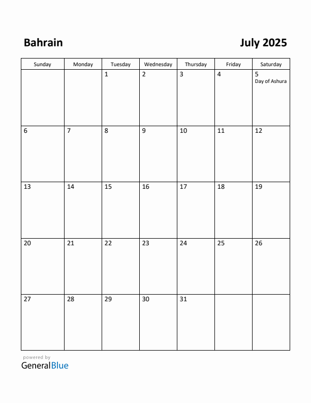 July 2025 Calendar with Bahrain Holidays