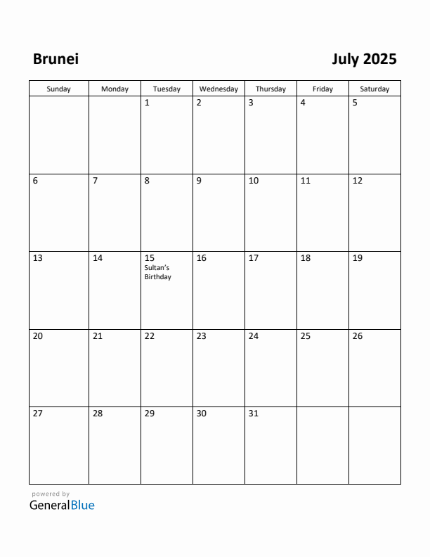 July 2025 Calendar with Brunei Holidays