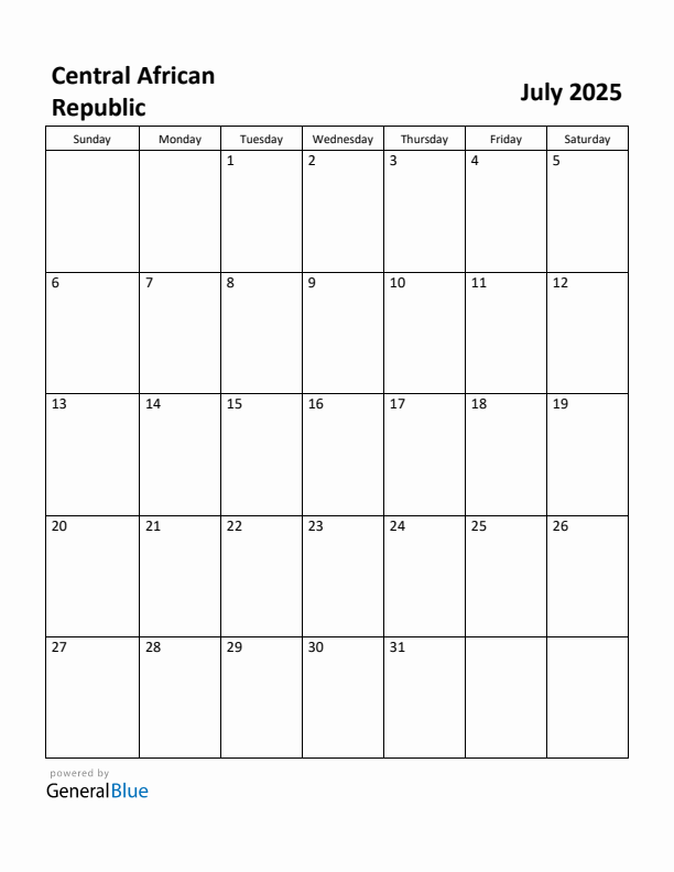 July 2025 Calendar with Central African Republic Holidays