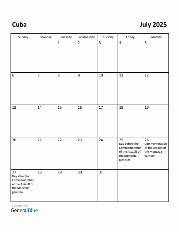 July 2025 Calendar with Cuba Holidays