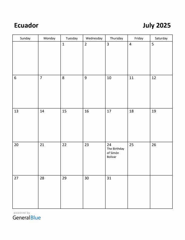 July 2025 Calendar with Ecuador Holidays