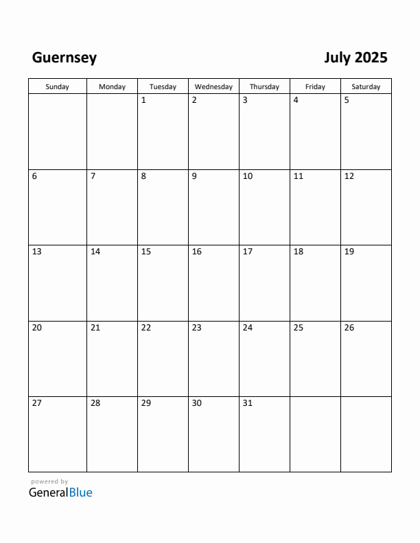 July 2025 Calendar with Guernsey Holidays