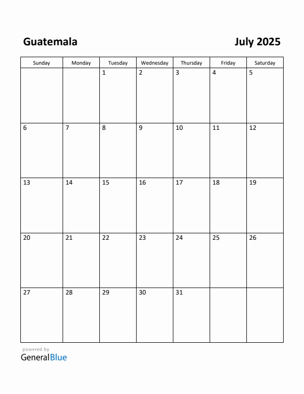 July 2025 Calendar with Guatemala Holidays