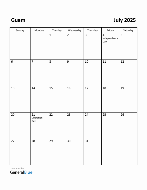 July 2025 Calendar with Guam Holidays