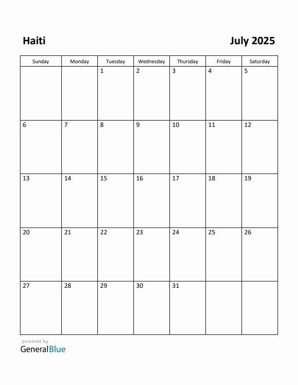 July 2025 Calendar with Haiti Holidays