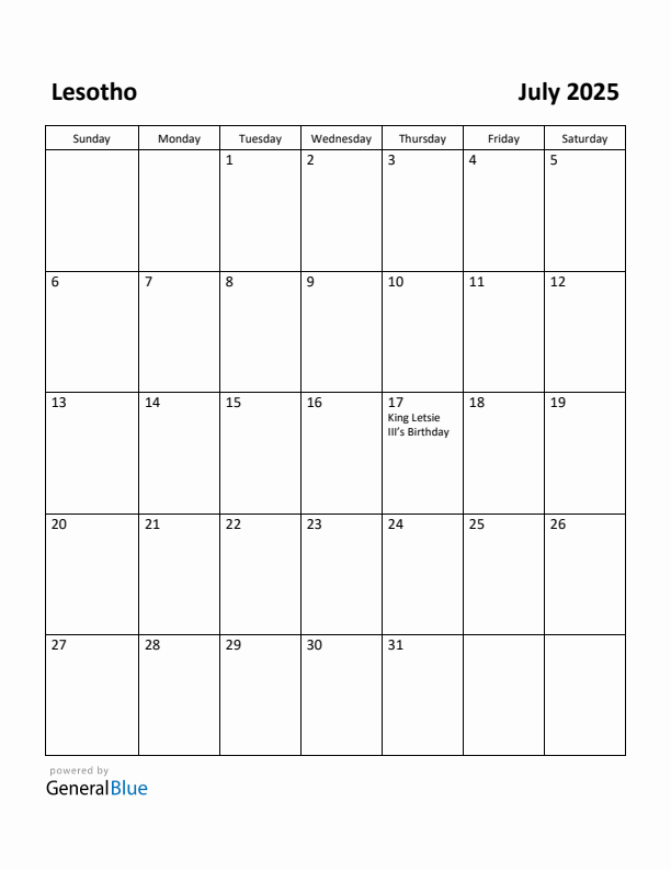 July 2025 Calendar with Lesotho Holidays