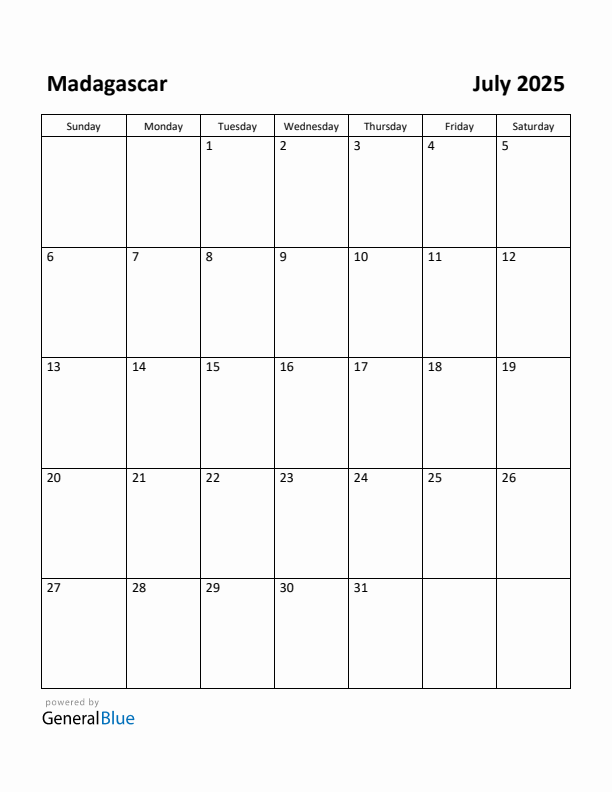 July 2025 Calendar with Madagascar Holidays