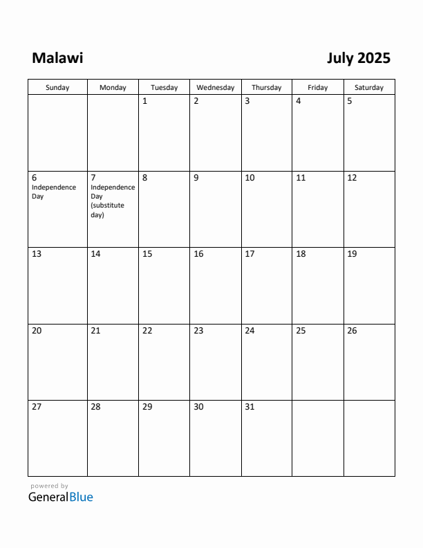 July 2025 Calendar with Malawi Holidays