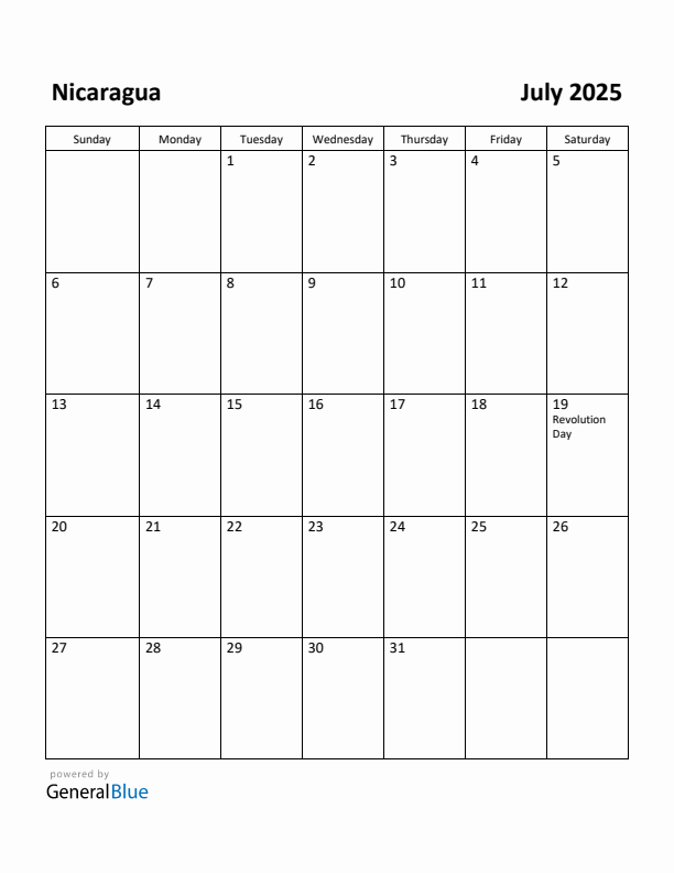 July 2025 Calendar with Nicaragua Holidays