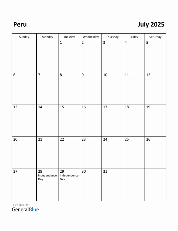 July 2025 Calendar with Peru Holidays