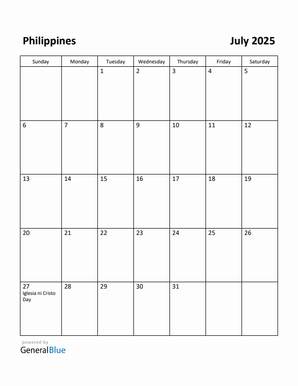 July 2025 Calendar with Philippines Holidays