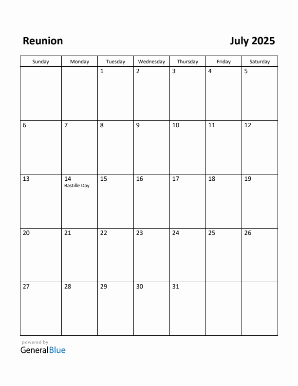 July 2025 Calendar with Reunion Holidays