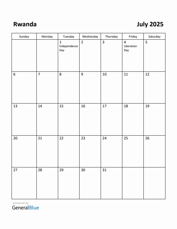 July 2025 Calendar with Rwanda Holidays