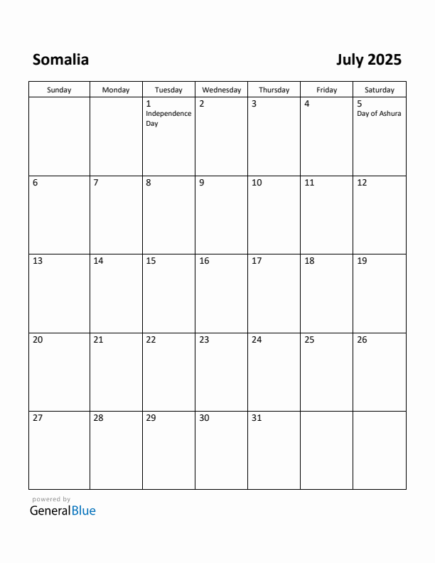 July 2025 Calendar with Somalia Holidays