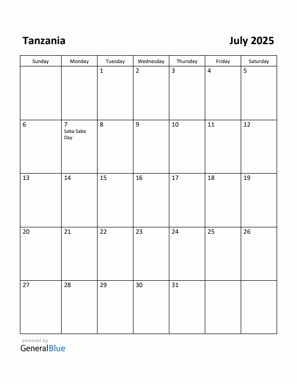 July 2025 Calendar with Tanzania Holidays