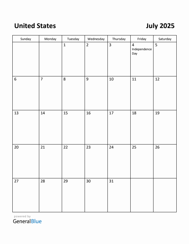 July 2025 Calendar with United States Holidays