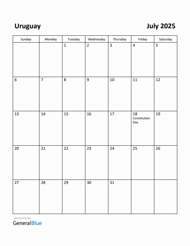 July 2025 Calendar with Uruguay Holidays